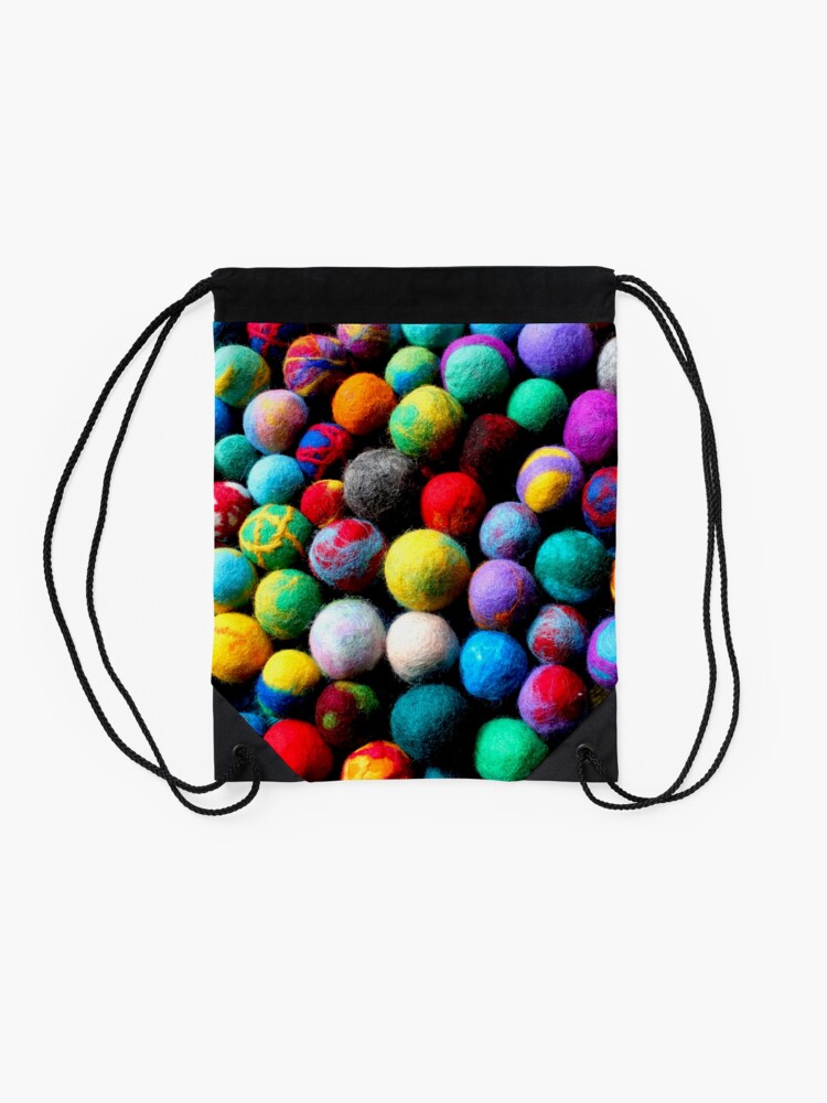 Alternate view of colorful felt balls felted with a school class Drawstring Bag
