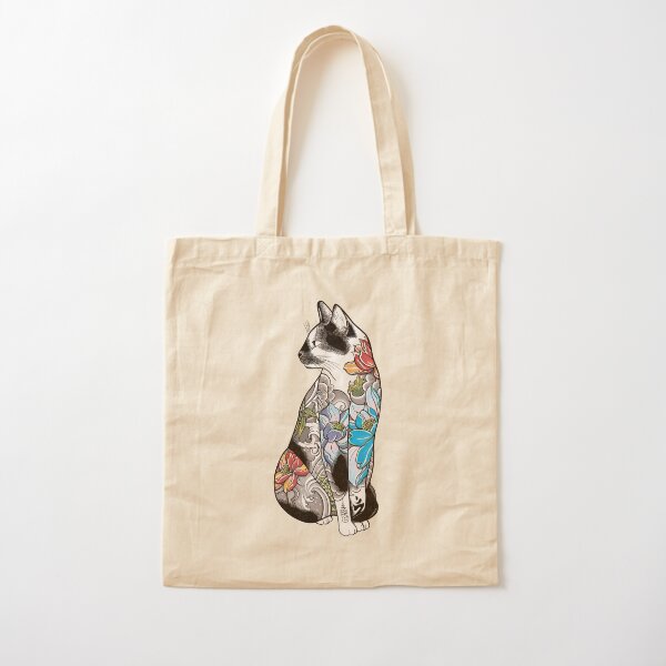 Cat in Lotus Tattoo Cotton Tote Bag