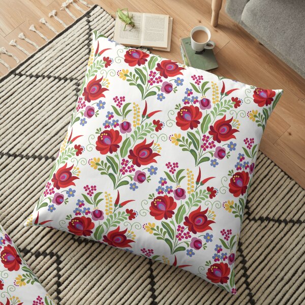 Hungarian Folk Design Red Peppers on White Floor Pillow