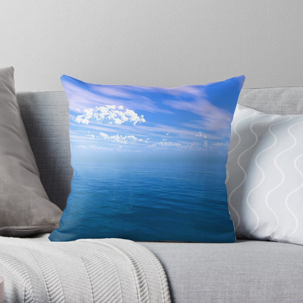 Blue Ocean Puffy Clouded Blue Sky Throw Pillow