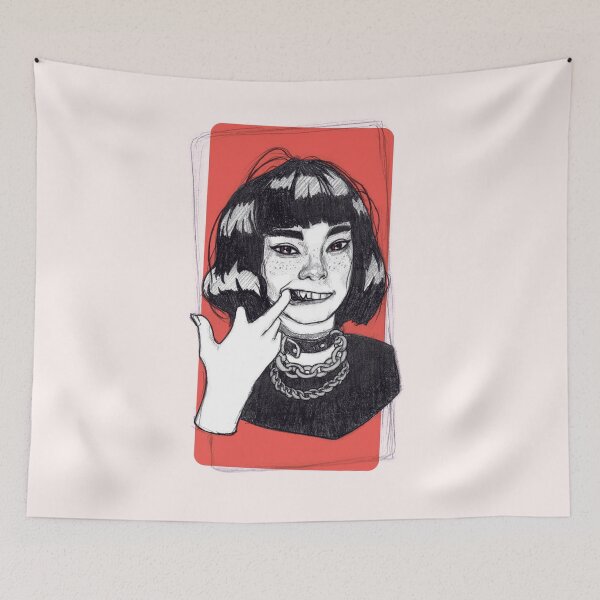 Item preview, Niña con peinado de hongo mostrando su colmillo. designed and sold by IDIVAGANTE.