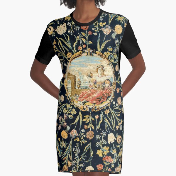 LADY FLORA AMONG FLOWERS Antique Floral Tapestry Graphic T-Shirt Dress