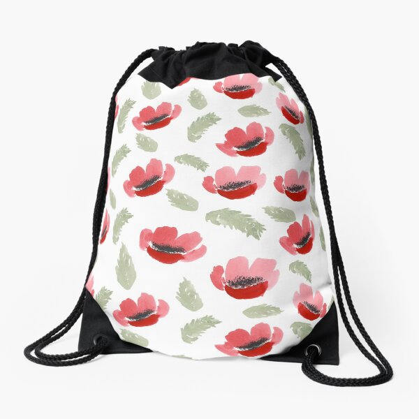 Red Poppy Watercolor painting pattern Drawstring Bag