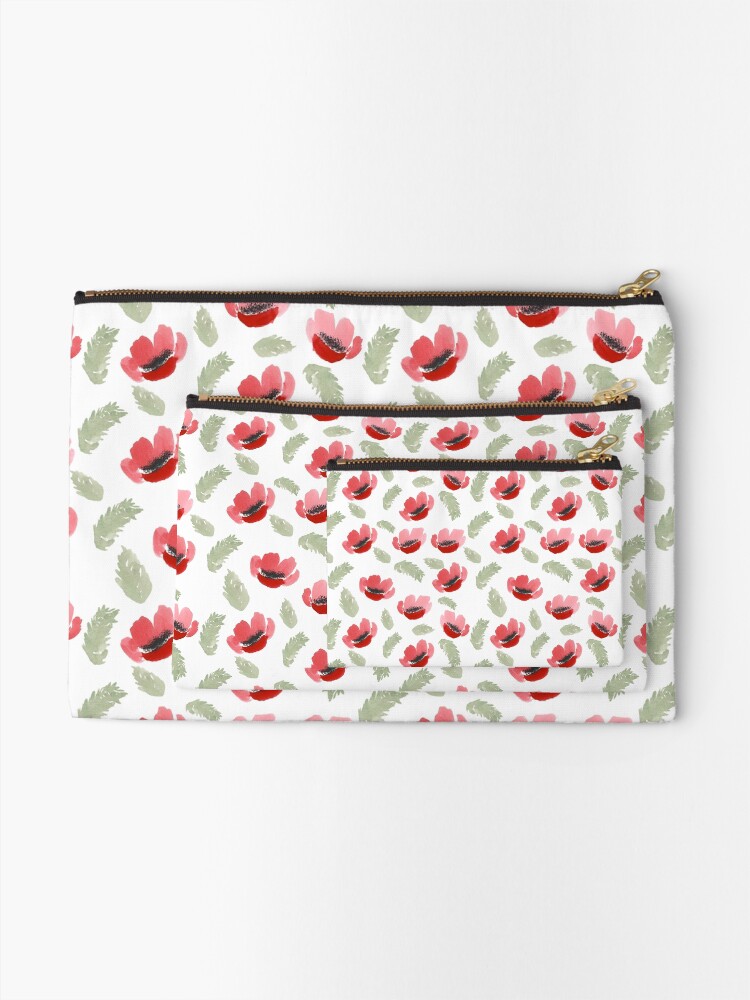 Alternate view of Red Poppy Watercolor painting pattern Zipper Pouch