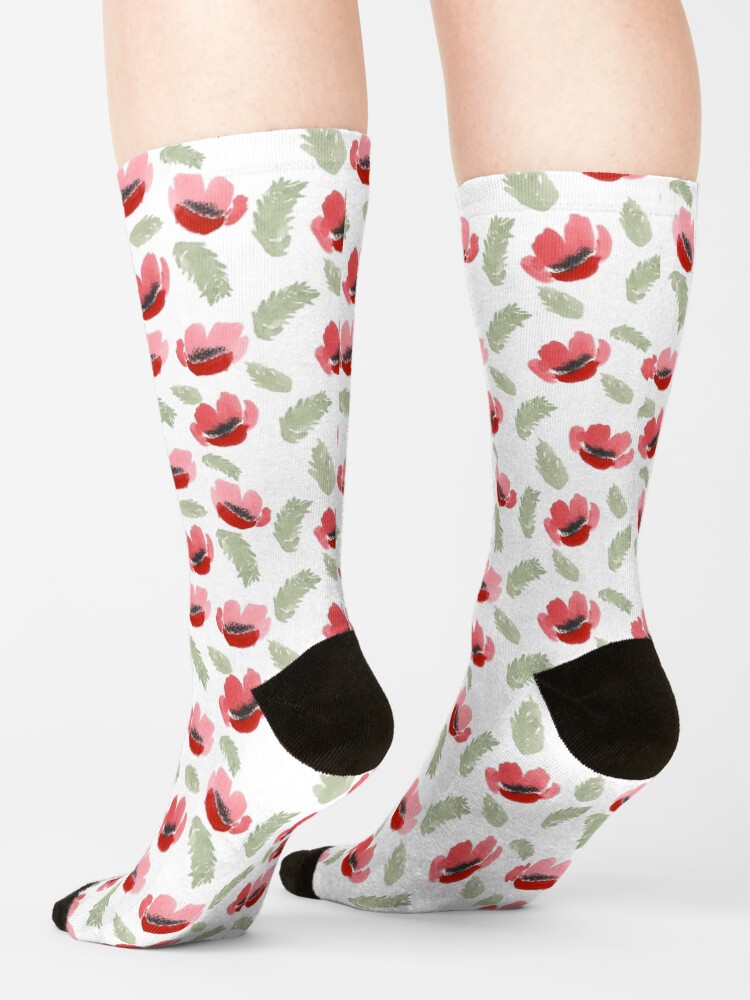 Alternate view of Red Poppy Watercolor painting pattern Socks