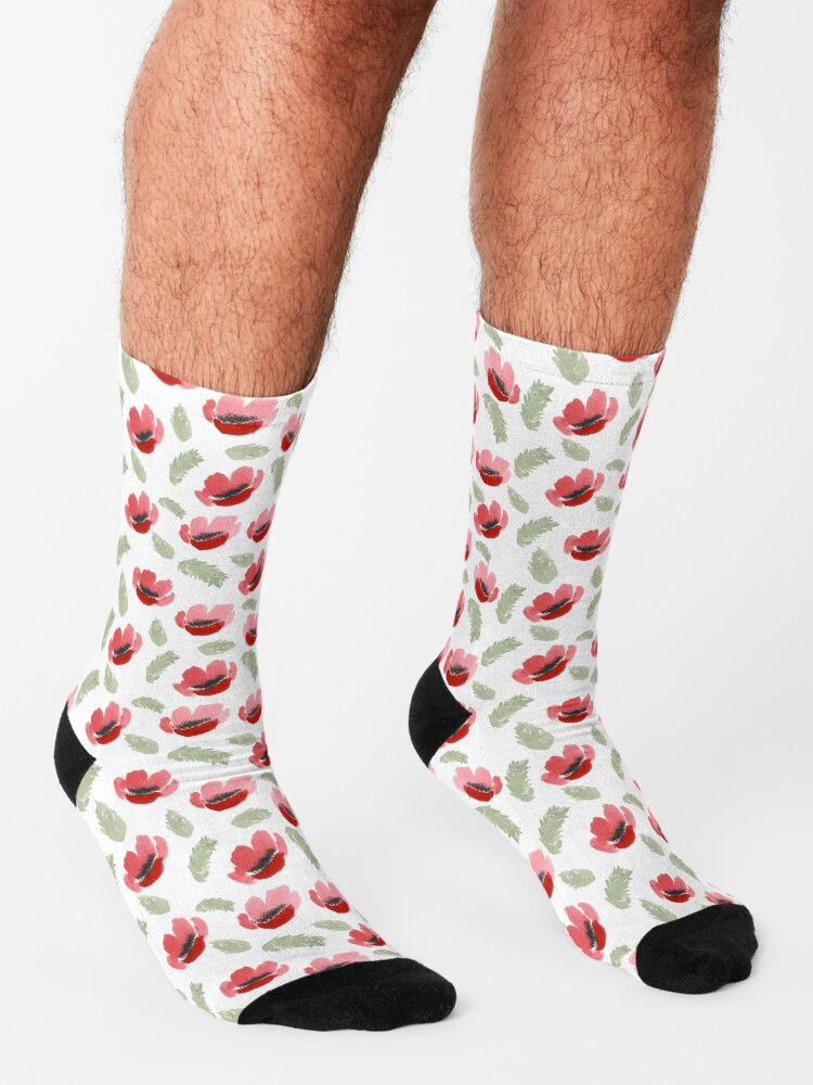 Alternate view of Red Poppy Watercolor painting pattern Socks
