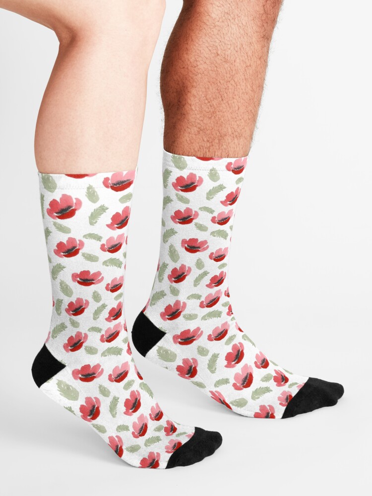 Alternate view of Red Poppy Watercolor painting pattern Socks