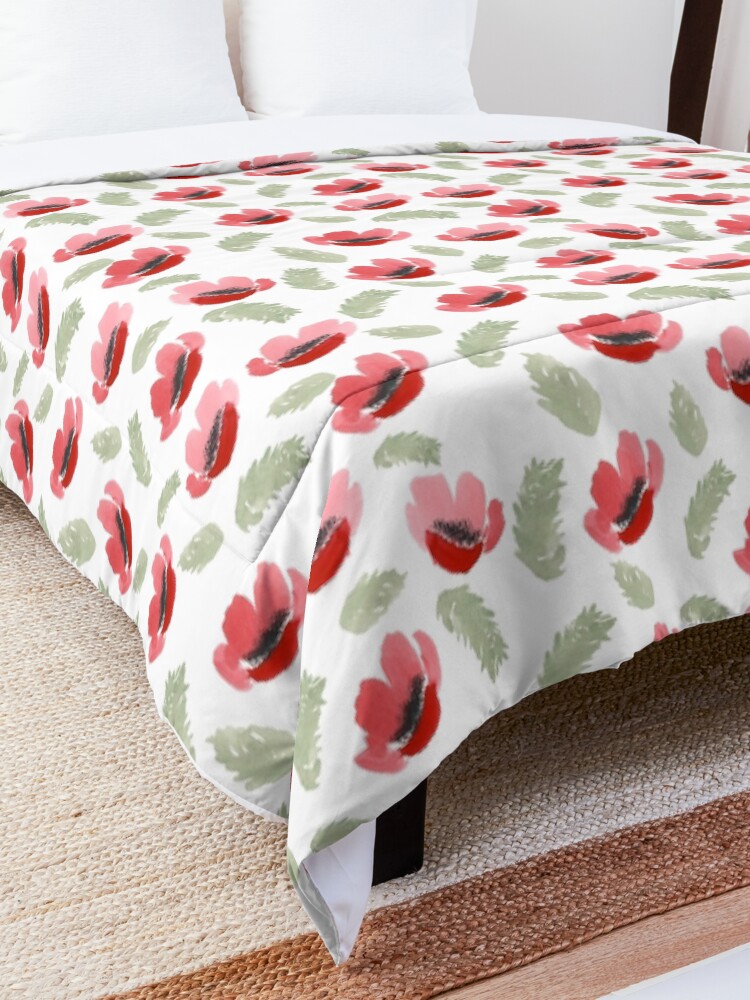 Alternate view of Red Poppy Watercolor painting pattern Comforter