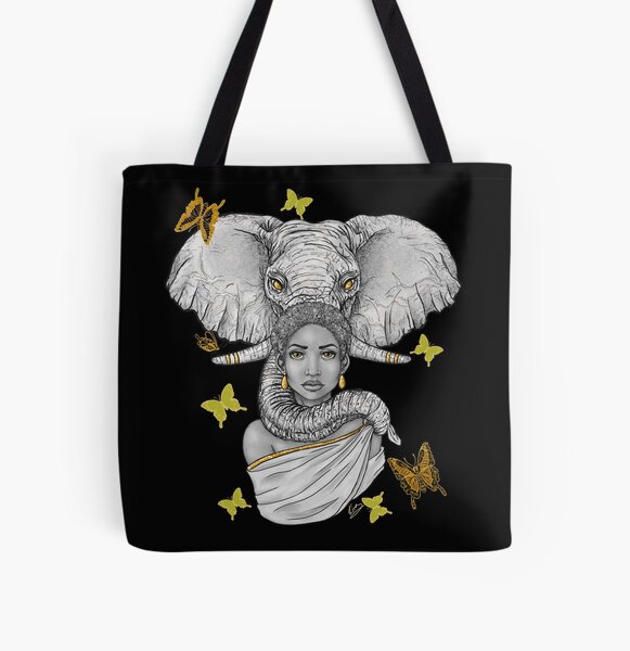 Wisdom| Black Woman and Elephant Fantasy Art | Black women art All Over Print Tote Bag