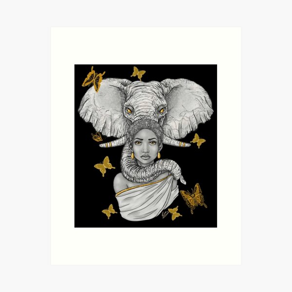 Wisdom| Black Woman and Elephant Fantasy Art Art Print