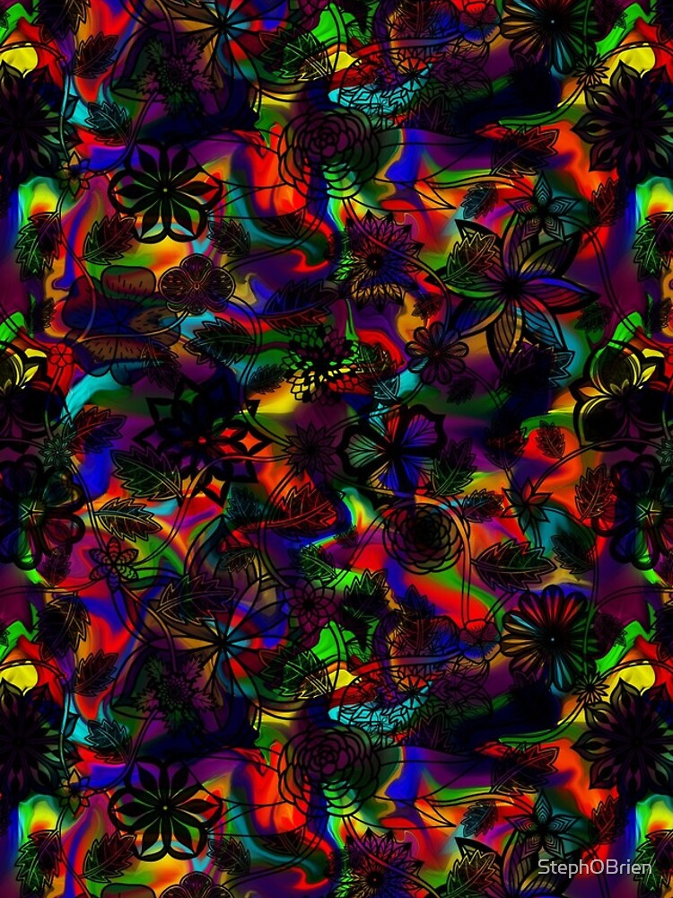 Flight Over Flowers of Fantasy - Black on Rainbow by StephOBrien