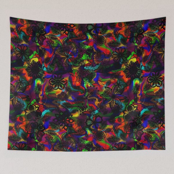 Item preview, Flight Over Flowers of Fantasy - Black on Rainbow designed and sold by StephOBrien.