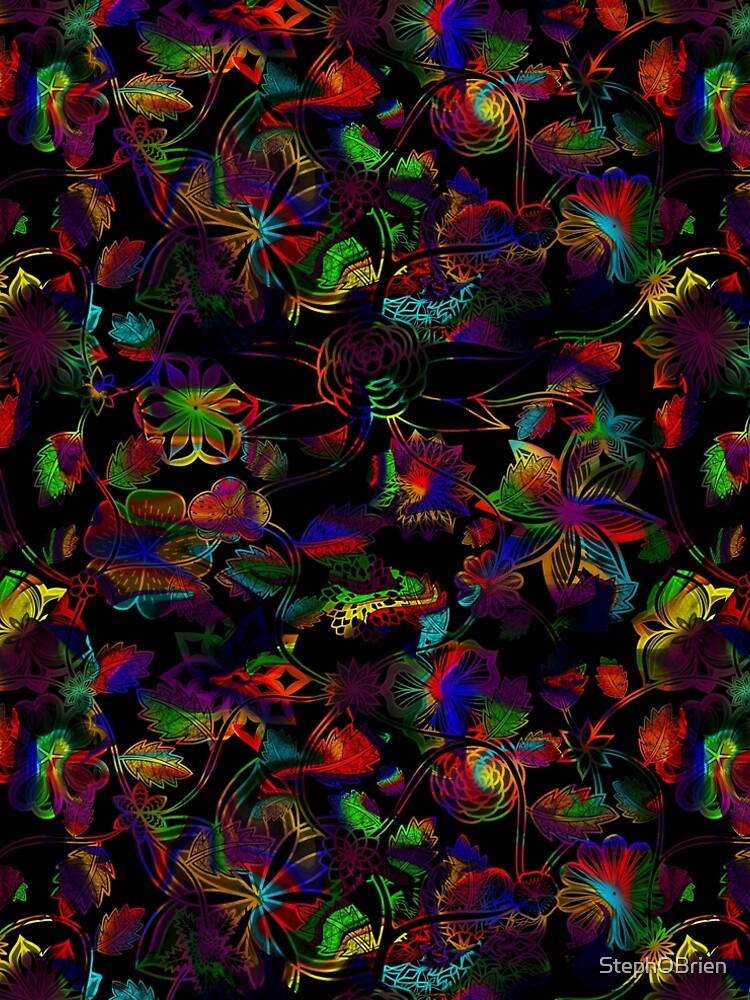 Flight Over Flowers of Fantasy - Rainbow on Black by StephOBrien