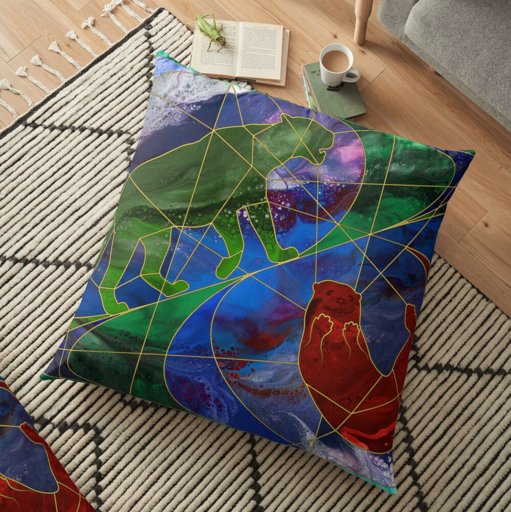 Panther and Otter Stained Glass Window Floor Pillow