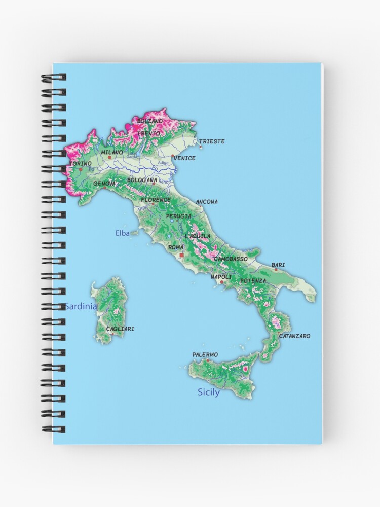 Italien Detaillierte Physische Karte Topografische Karte Von Italien Mit Landergrenzen Hauptstadten Und Grossen Seen Und Flussen Spiralblock Von Mashmosh Redbubble