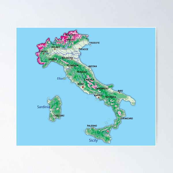 Item preview, ITALY detailed physical map topographic map of ITALY with Country Borders, Capitals and Major Lakes and Rivers designed and sold by mashmosh.