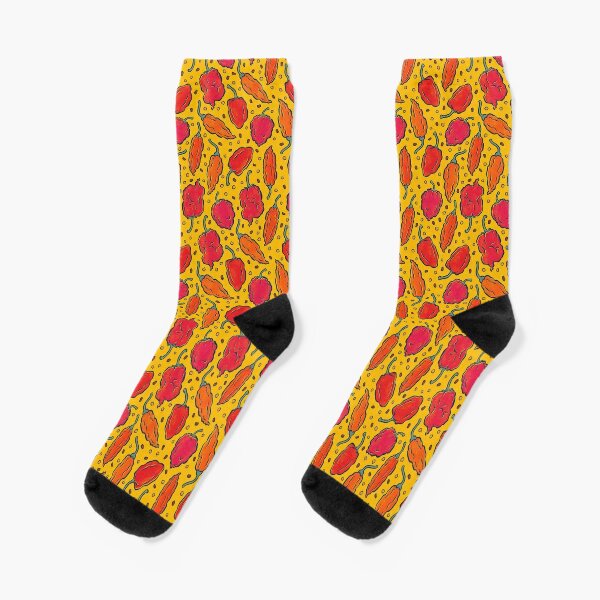 Fiery Hot Peppers Food Pattern on Yellow Socks