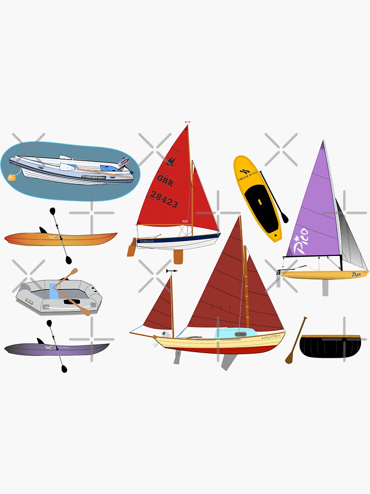 "A selection of dinghies, kayaks, paddleboard and coracle" Sticker by