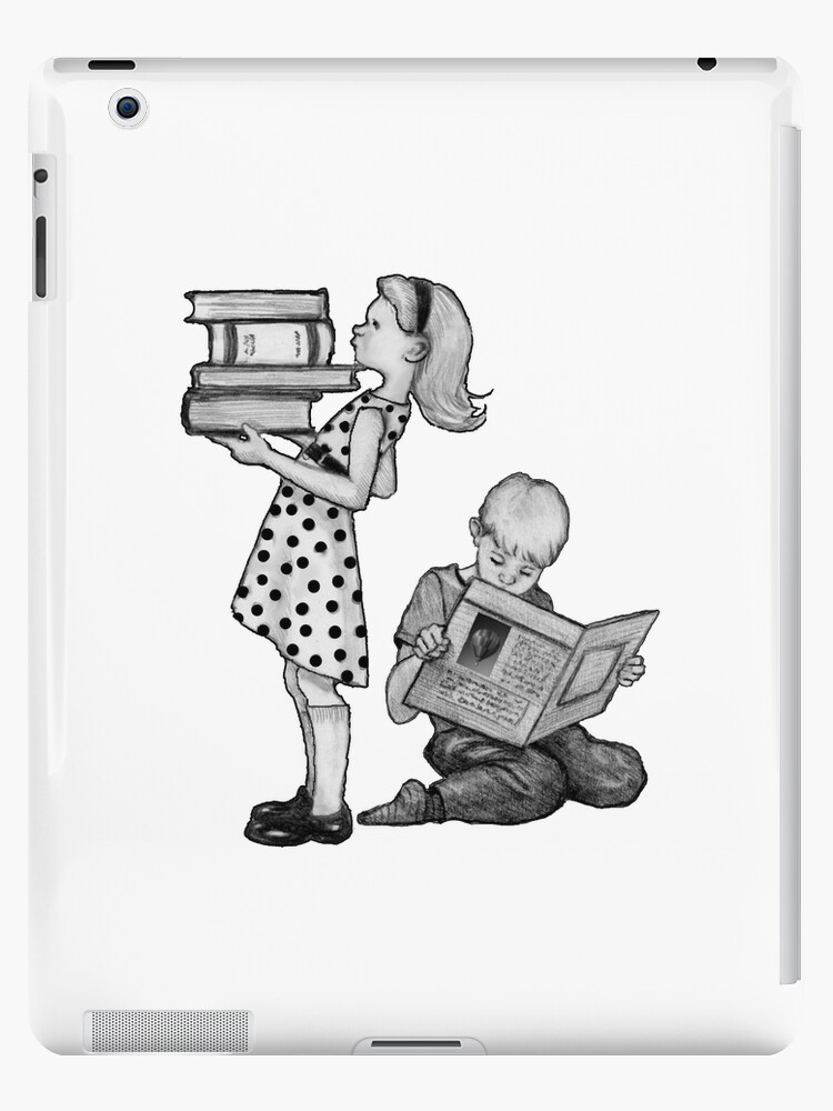 Funda y vinilo para iPad for Sale con la obra «Lectura de niños y niñas,  libros, niños, alfabetización, lectura de amor, amantes de los libros, arte  a lápiz» de Joyce Geleynse