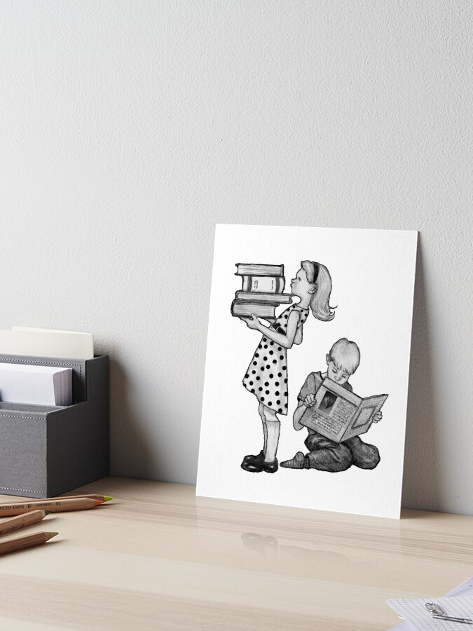 Cute Little Girl Standing on Stack of Books Pencil Drawing Art Board Print  for Sale by Joyce Geleynse