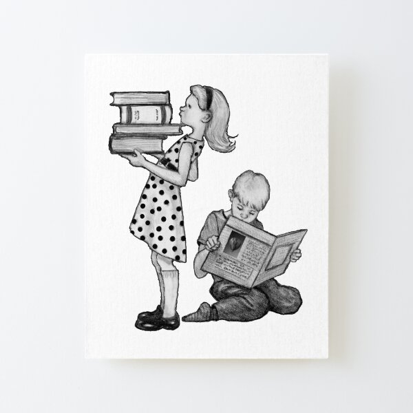 Cute Little Girl Standing on Stack of Books Pencil Drawing | Art Print