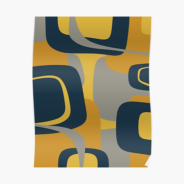 Mid Century Modern Retro Abstract Pattern in Navy Blue, Mustard Yellow, and Gray Poster