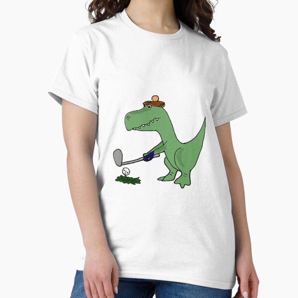 Vista previa del artículo con la obra «Cool Funky Green T-Rex Dinosaur Playing Golf», diseñado y vendido por Nature's Fancy.