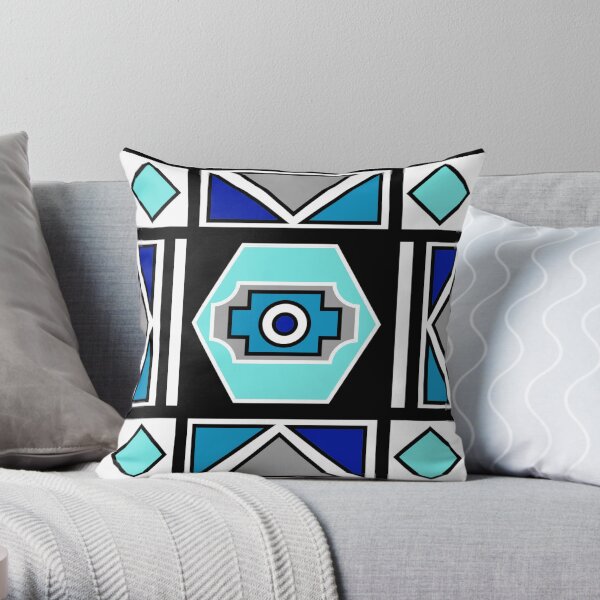 African Ndebele Geometry Sacred Art | Blue Grey White Print Throw Pillow