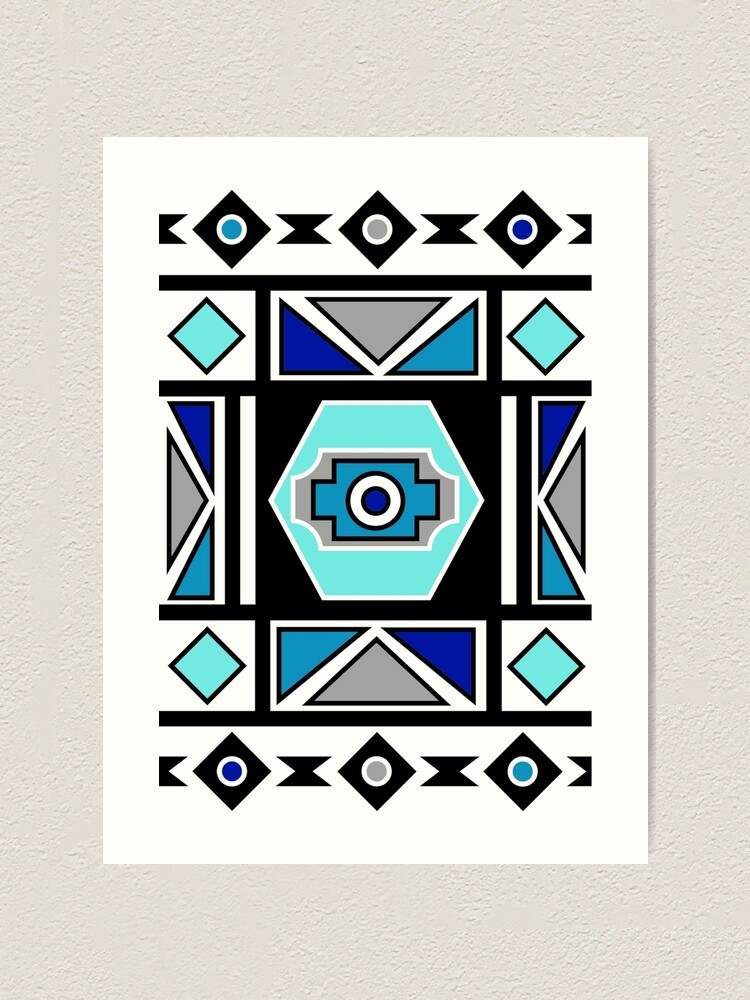 African Ndebele Geometry Sacred Art Blue Grey White Print Art Print