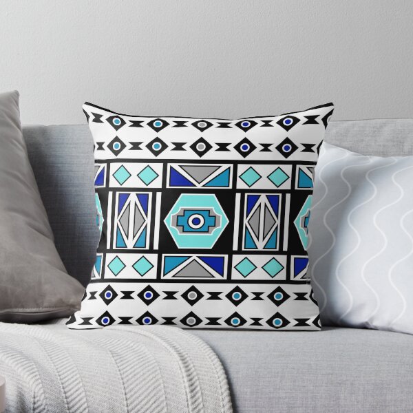 African Ndebele Geometry Sacred Art | Blue Gray White Pattern Throw Pillow