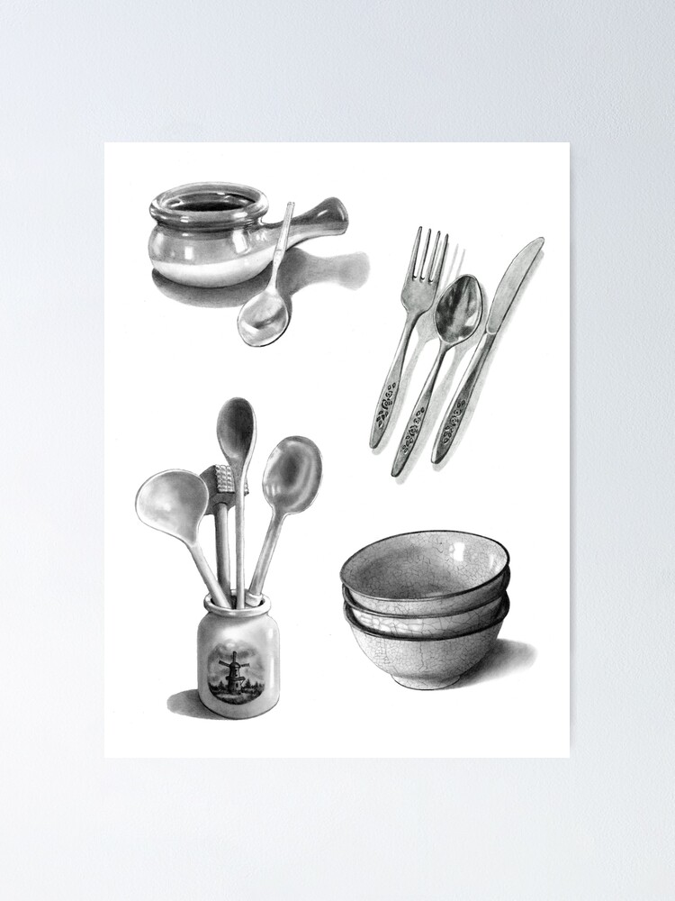 Draw Five Kitchen Utensils with Pencil Shading