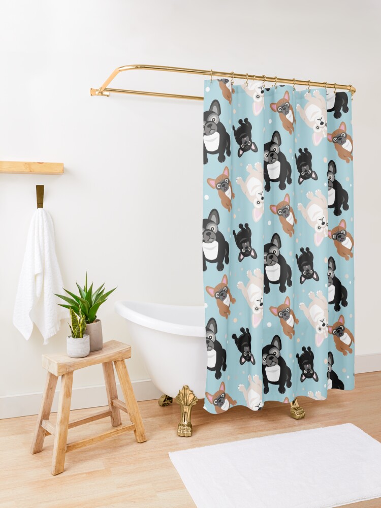 Alternate view of French Bulldogs Cute Frenchies Green Shower Curtain