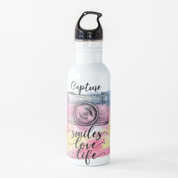 Capture Smiles Love Life - Photography quote with a camera drawing Water Bottle