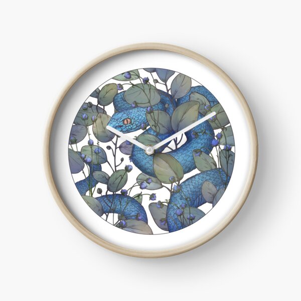 Blue Snake in Eucalyptus Circle on White Background, from Poison Flower series Clock