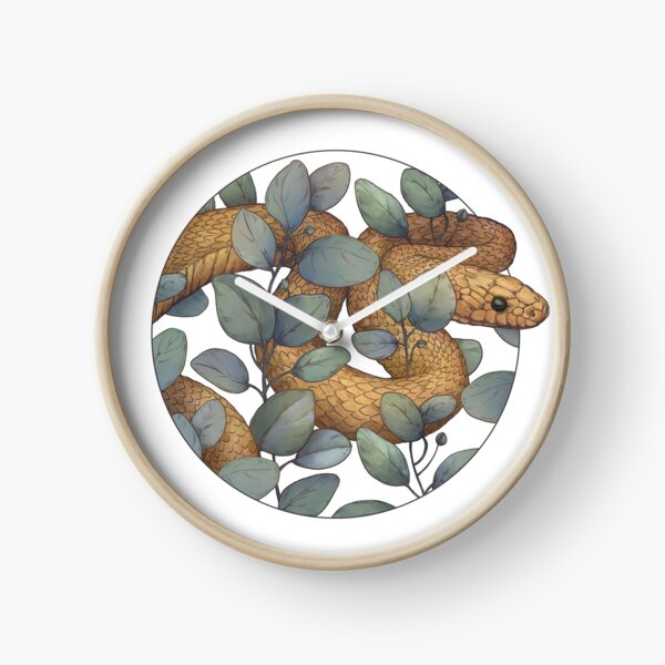 Yellow Snake in Eucalyptus in Circle on White Background, from Poison Flower series Clock