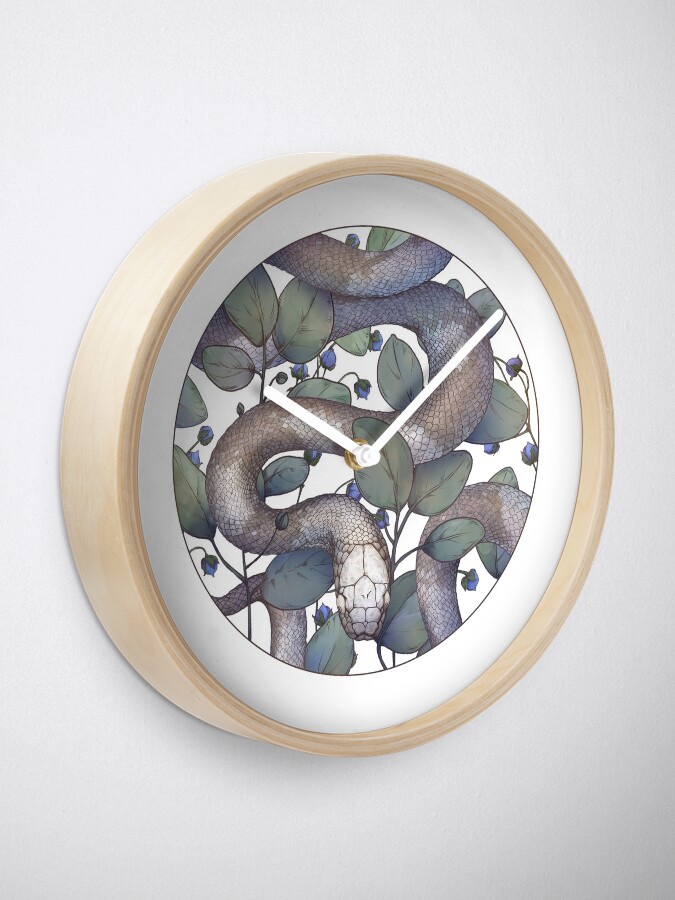 Thumbnail 1 of 4, Clock, Grey Snake in Eucalyptus in Circle on White Background, from Poison Flower series designed and sold by FINCHFINCHER.