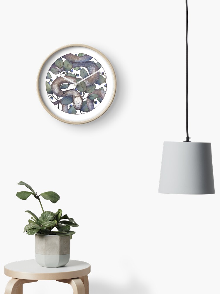 Thumbnail 2 of 4, Clock, Grey Snake in Eucalyptus in Circle on White Background, from Poison Flower series designed and sold by FINCHFINCHER.