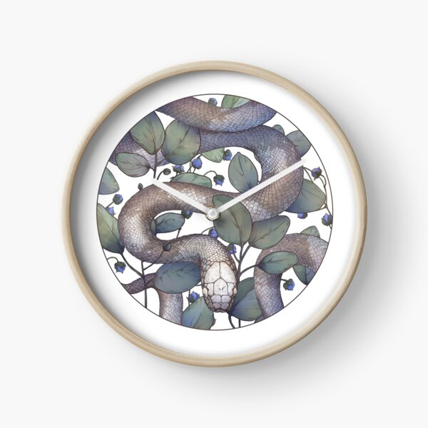 Grey Snake in Eucalyptus in Circle on White Background, from Poison Flower series Clock