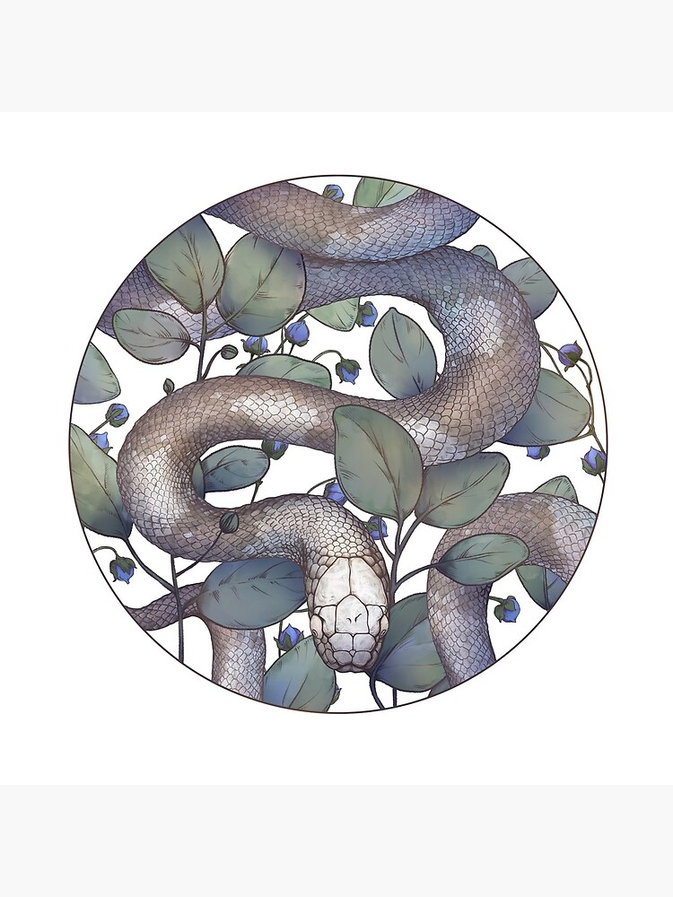 Thumbnail 4 of 4, Clock, Grey Snake in Eucalyptus in Circle on White Background, from Poison Flower series designed and sold by FINCHFINCHER.