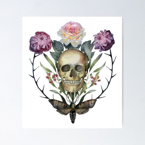 Skull Symmetrical Halloween Dark Gothic Composition with Dead Head Moth and Flowers Poster