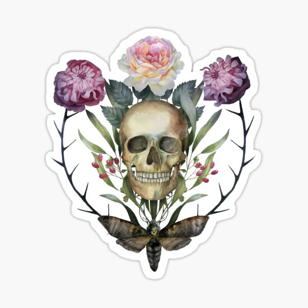 Skull Symmetrical Halloween Dark Gothic Composition with Dead Head Moth and Flowers Sticker