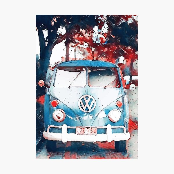 VW Campervan inspired art prints picture gift signed Snow Bus Skiing