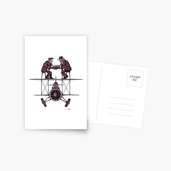Chess game on the vintage airplane surreal black and white drawing Postcard