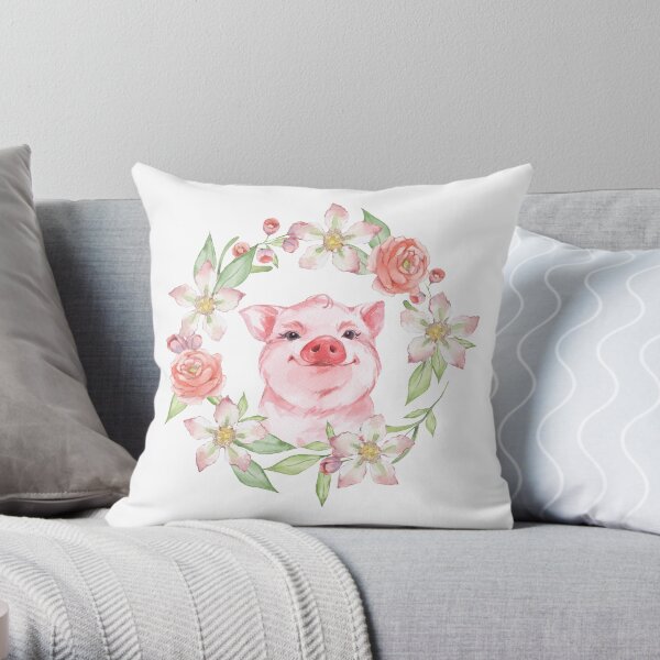 Pig and flowers Throw Pillow