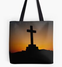 Daybreak behind cross Tote Bag