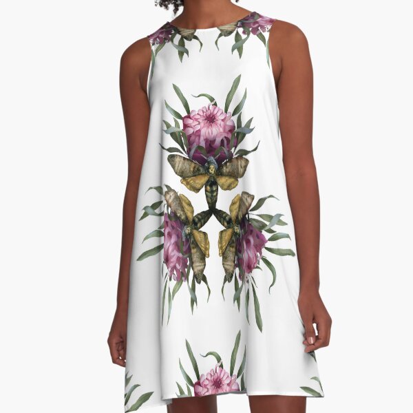 Triangle Symmetrical Halloween Dark Gothic Composition with Dead Head Moth and Flowers A-Line Dress