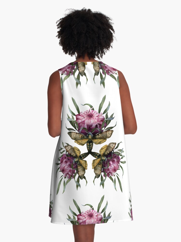 Thumbnail 3 of 4, A-Line Dress, Triangle Symmetrical Halloween Dark Gothic Composition with Dead Head Moth and Flowers designed and sold by FINCHFINCHER.