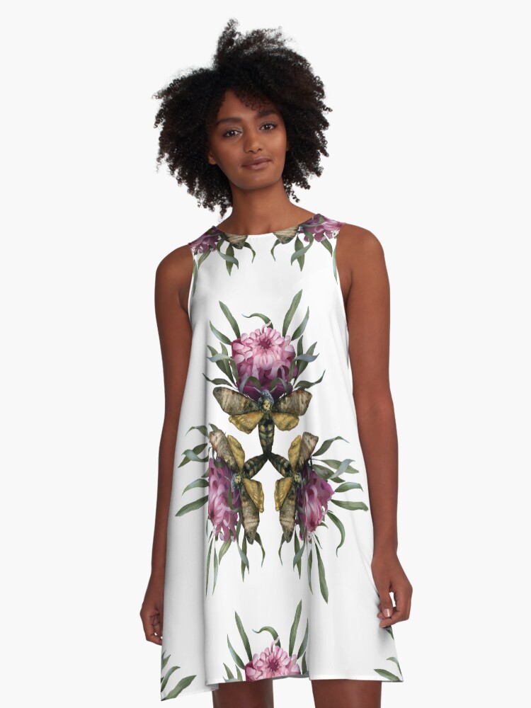 Thumbnail 1 of 4, A-Line Dress, Triangle Symmetrical Halloween Dark Gothic Composition with Dead Head Moth and Flowers designed and sold by FINCHFINCHER.