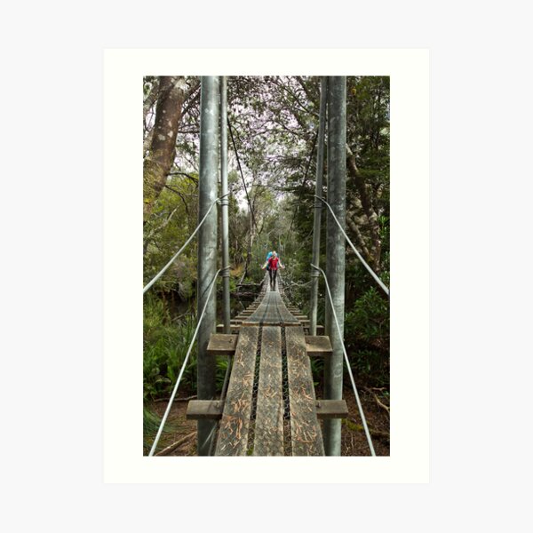Returing across the rope bridge from Frenchmans Cap, Tasmania Art Print