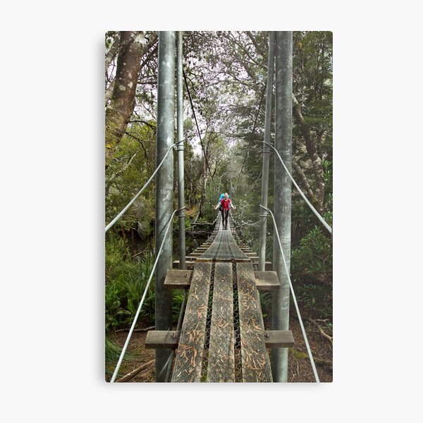 Returing across the rope bridge from Frenchmans Cap, Tasmania Metal Print